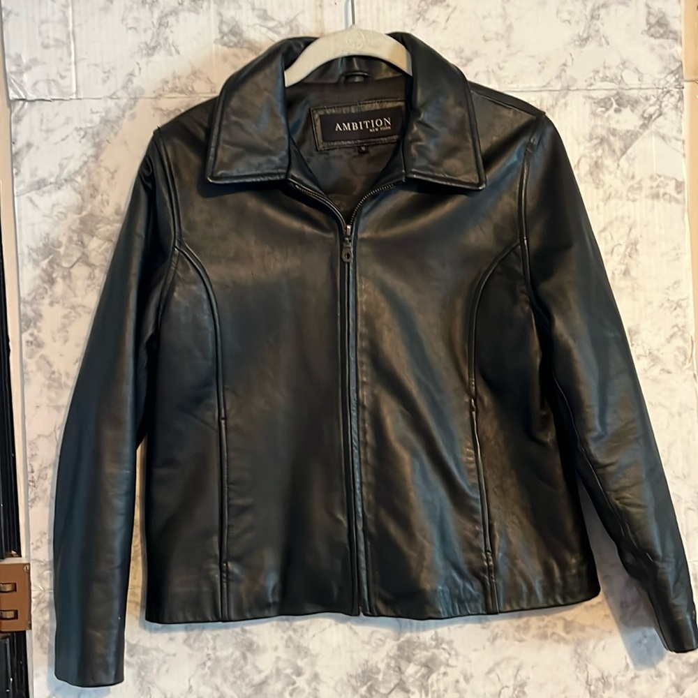 Ladies Ambition New‎ York Black Leather Coat Size 12 Waist Length Buttery…